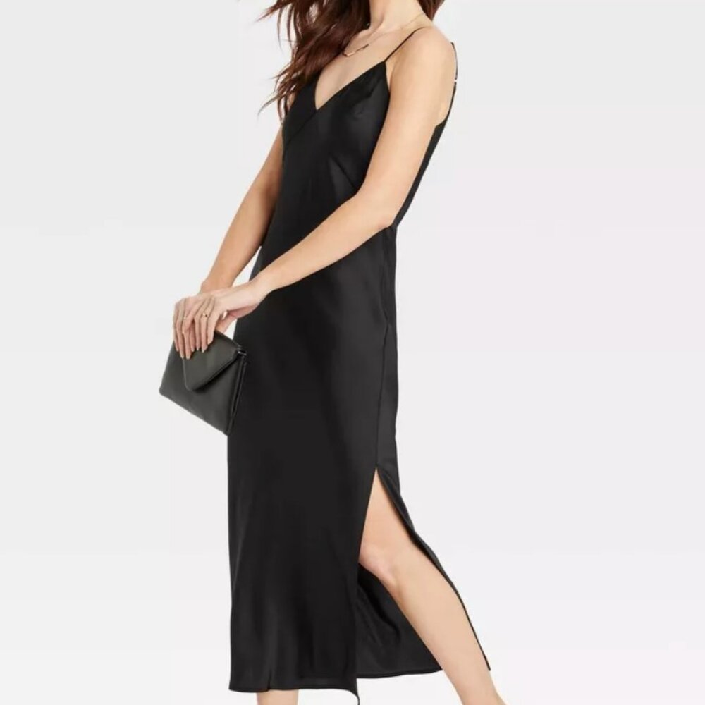 Black Satin Slip Dress Midi/Long Target Slip Dress - Size Large